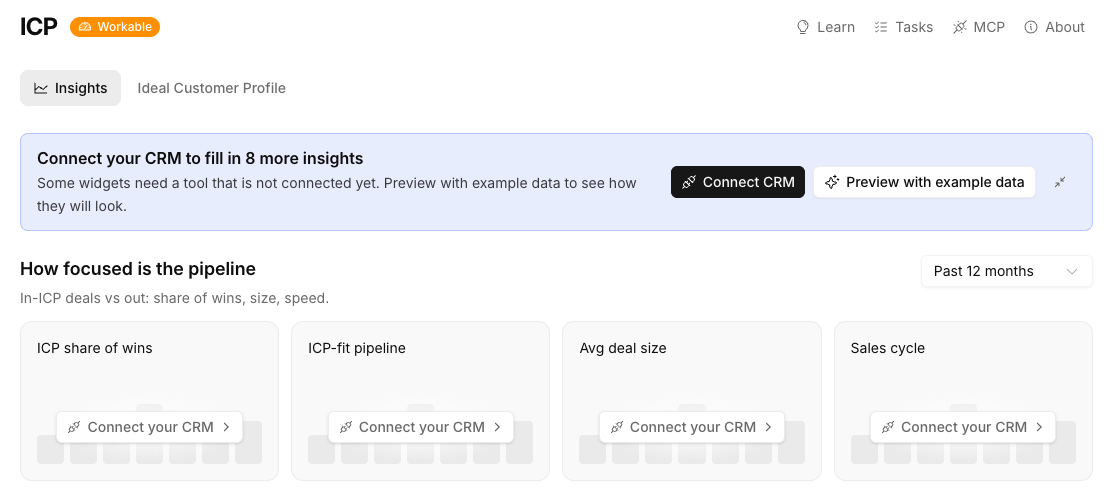 Figure 4: The Integration Threshold. Notice how key pipeline metrics (ICP share of wins, avg deal size, sales cycles) remain locked behind CRM integration. Without internal sales context, public crawling only gets you to the 75% baseline.