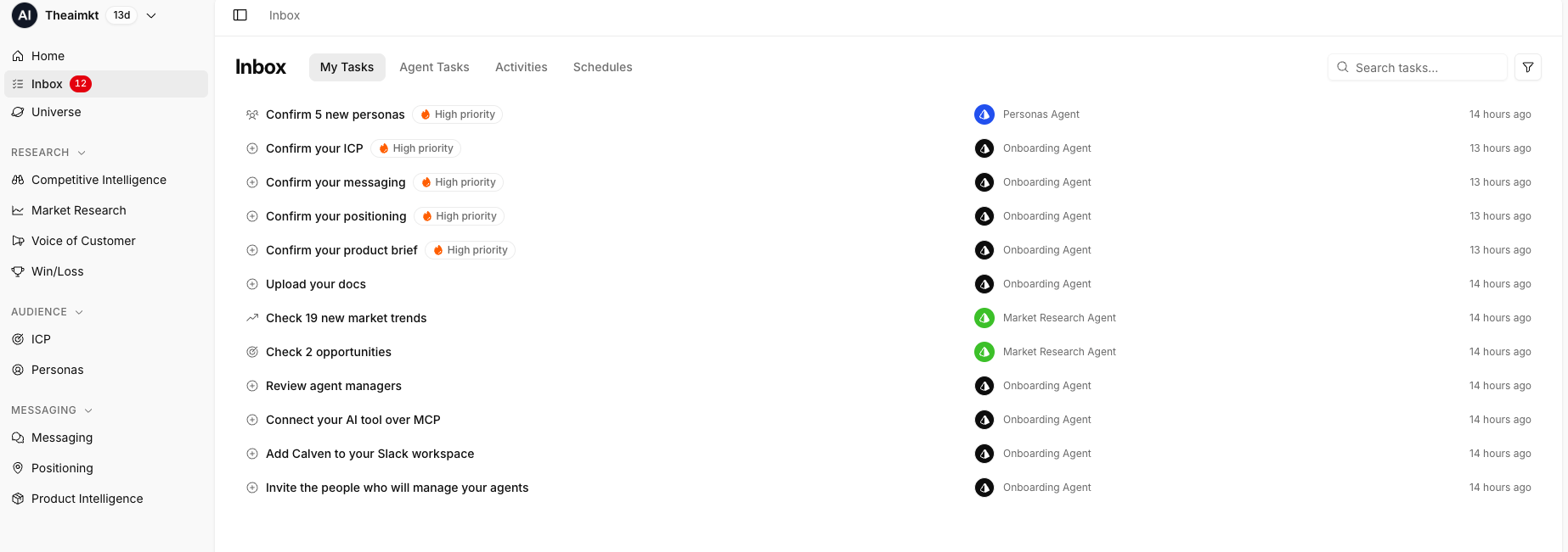 Figure 2: The PMM Inbox. High-priority tasks (confirming ICP, positioning, and buyer personas) are presented as reviewable proposals rather than black-box autonomous edits.