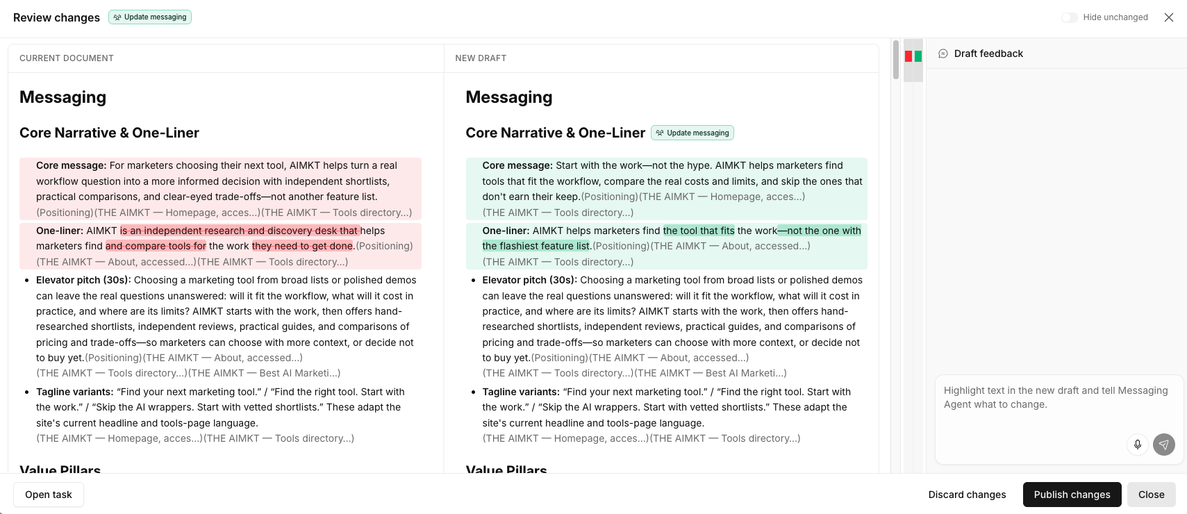 Figure 3: Calven’s Redline Diff Review. Changes are presented side-by-side (CURRENT DOCUMENT vs NEW DRAFT), allowing marketers to review line-by-line edits, leave inline feedback, or click Publish changes.