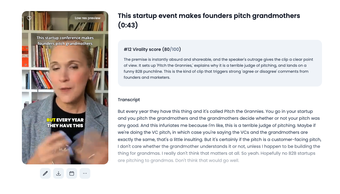Figure 3C: The Grandma Test Punchy B2B Cut (Clip #12, 0:43, Virality Score 80/100). Title: “This startup event makes founders pitch grandmothers”. Hook: “This startup conference makes founders pitch grandmothers”. Ends on the memorable B2B punchline.