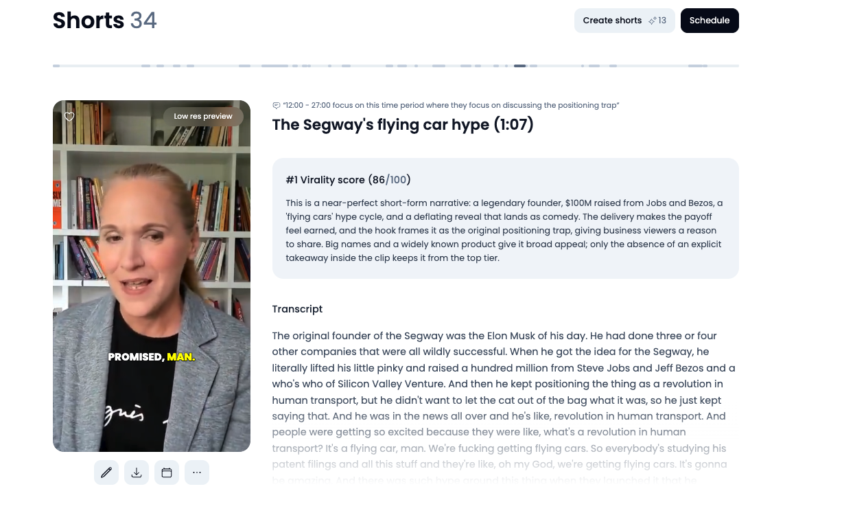 Figure 2: Klap's Curation Interface. Prompting the engine with a timestamp and topic boundary generated 34 candidate shorts. Klap awarded its top score (86/100) to “The Segway's flying car hype.”